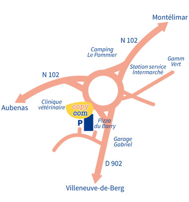 plan d'accès agence copy com à Villeneuve de Berg en Ardèche